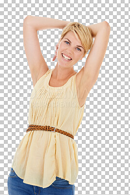 Buy stock photo Portrait, deodorant and woman with a smile, arms and aroma isolated on a transparent background. Person, happy girl and model with fresh smell, hygiene and scent with clean, aesthetic and png