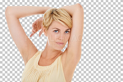 Portrait, deodorant and woman with armpit, epilation and beauty isolated on a transparent background. Person, girl and model with grooming, hair removal and skincare with cosmetics, png and clean