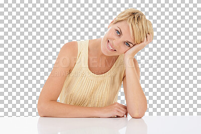 Buy stock photo Portrait, fashion and woman at desk, smile and isolated on transparent png background. Happy, young and blonde person at table in stylish casual clothes, trendy and beauty or confident in Switzerland