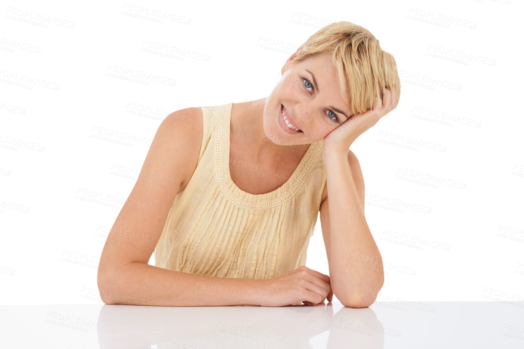 Buy stock photo Portrait, fashion and woman at desk, smile and isolated on transparent png background. Happy, young and blonde person at table in stylish casual clothes, trendy and beauty or confident in Switzerland