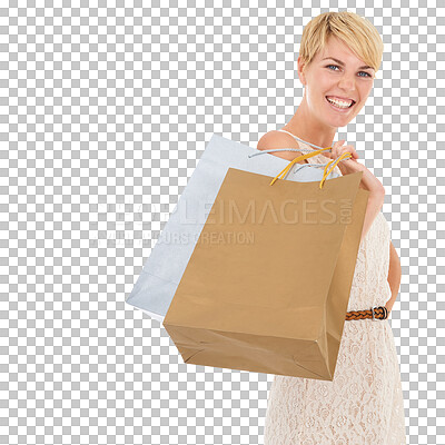 Buy stock photo Woman, portrait and shopping in fashion discount, sale and retail or commerce with paper bags. Happy face of customer or person with gift or holiday deal isolated on transparent png background