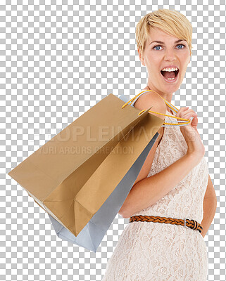 Buy stock photo Woman, wow and shopping bag for discount, sale and retail news, surprise or commerce announcement. Portrait of excited customer or winner, gift or fashion deal isolated on transparent, png background