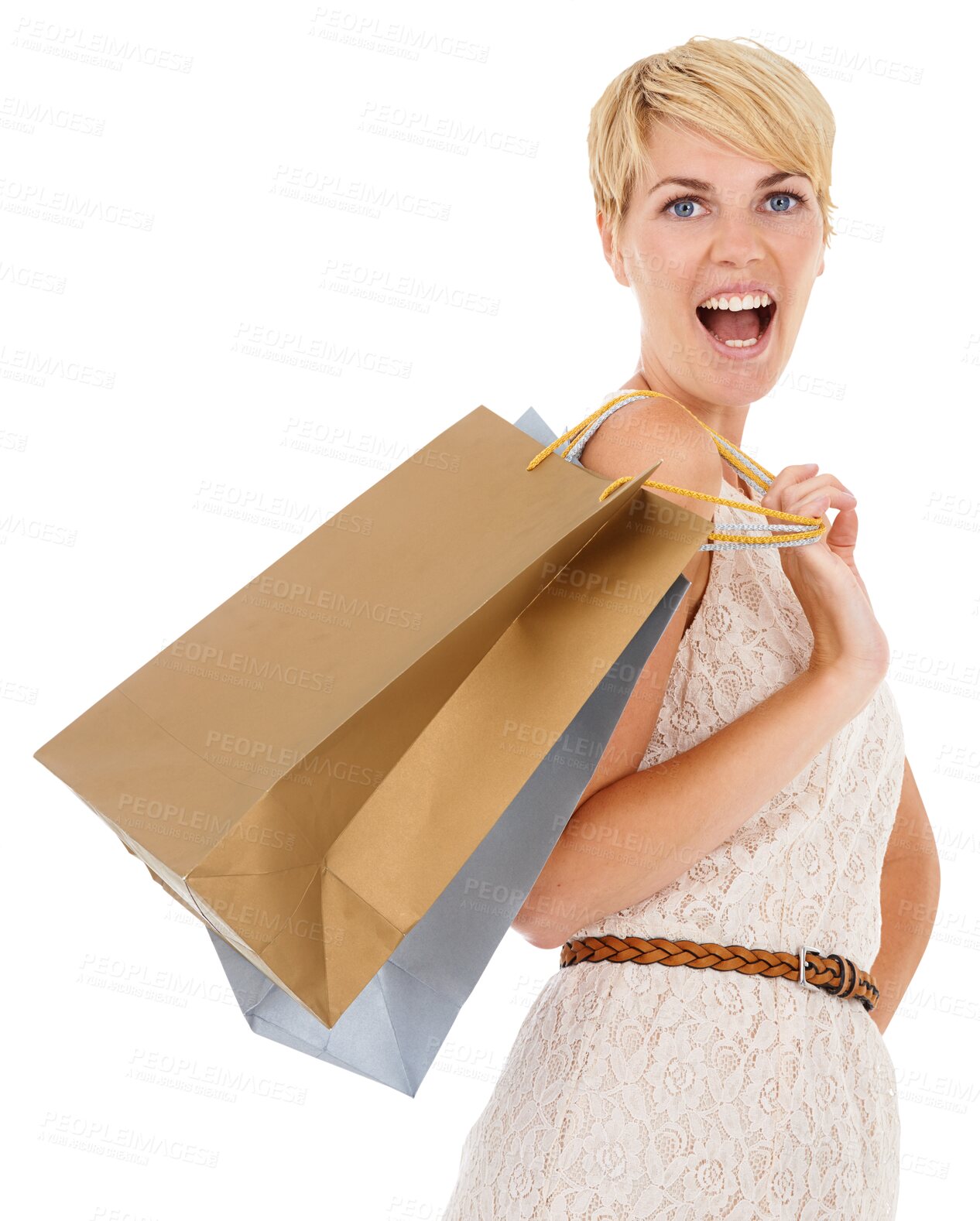 Buy stock photo Woman, wow and shopping bag for discount, sale and retail news, surprise or commerce announcement. Portrait of excited customer or winner, gift or fashion deal isolated on transparent, png background