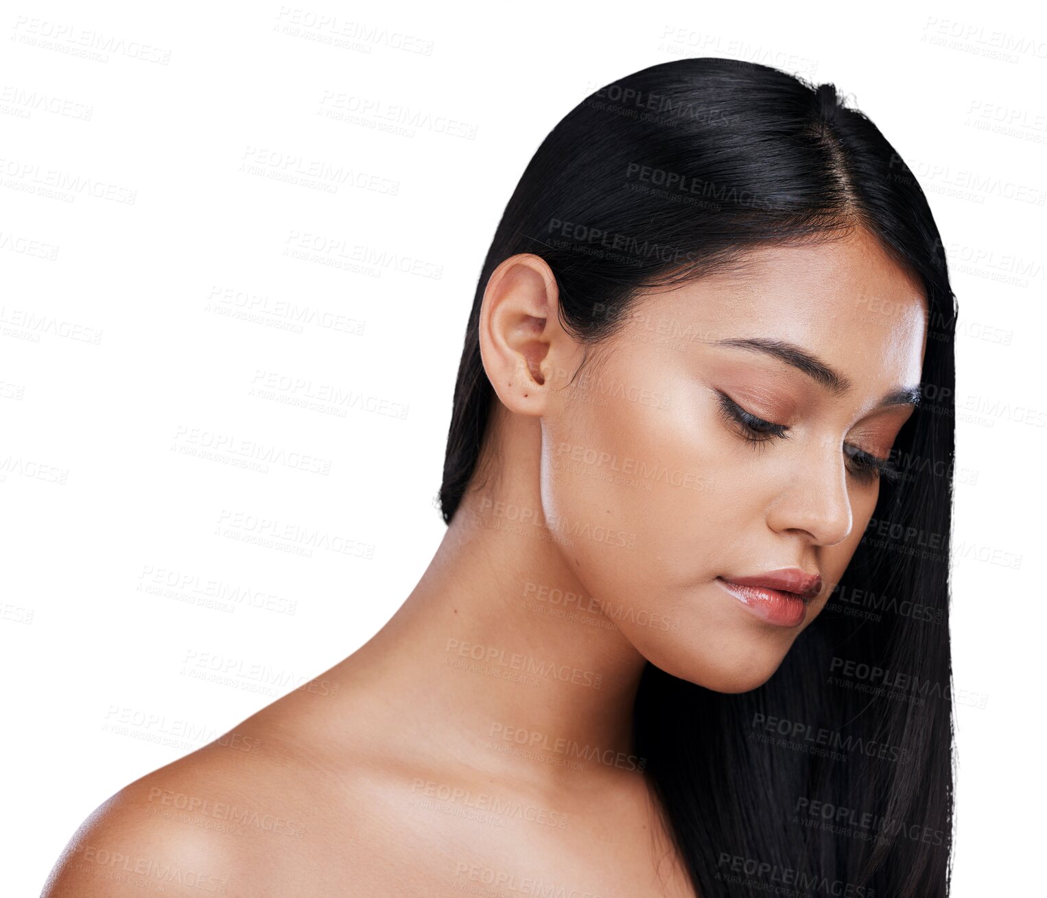 Buy stock photo Hair care, beauty and woman with long hairstyle and luxury salon treatment isolated on a transparent PNG background. Face of young female person or model with straight haircut or profile of Mexican