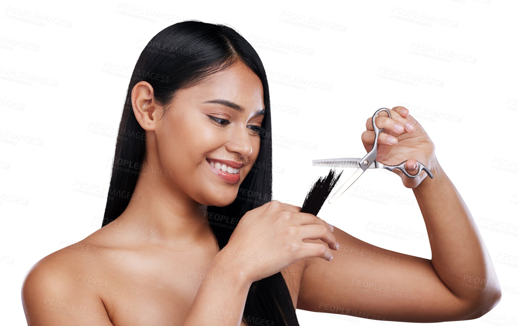 Buy stock photo Hair care, scissors and woman cutting hairstyle, smile or treatment isolated on a transparent PNG background. Face of attractive female person or model in haircut, salon or beauty trim on split ends