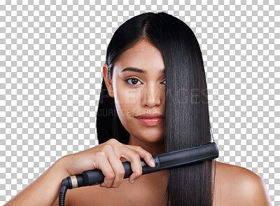 Hair care, flat iron and portrait of woman with long hairstyle,