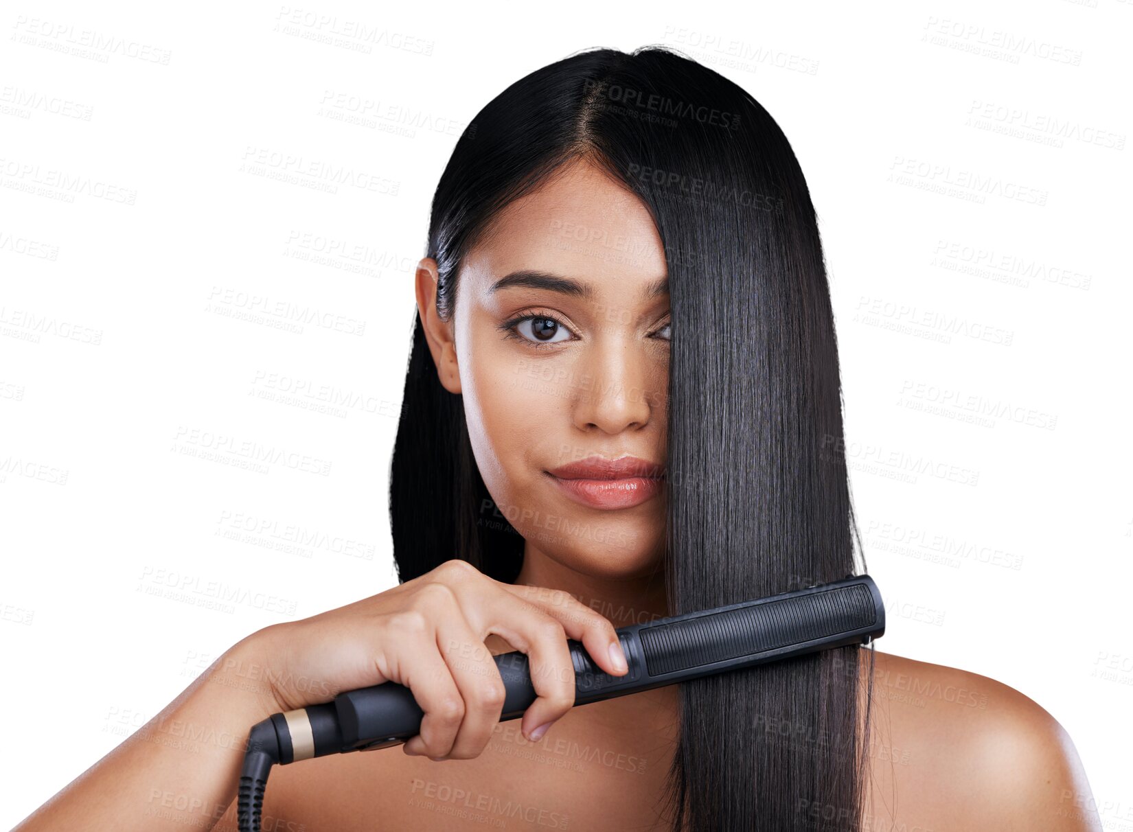 Buy stock photo Hair care, flat iron and portrait of woman with long hairstyle isolated on a transparent PNG background. Face of female person or model with straightner for salon treatment, Brazilian or haircut