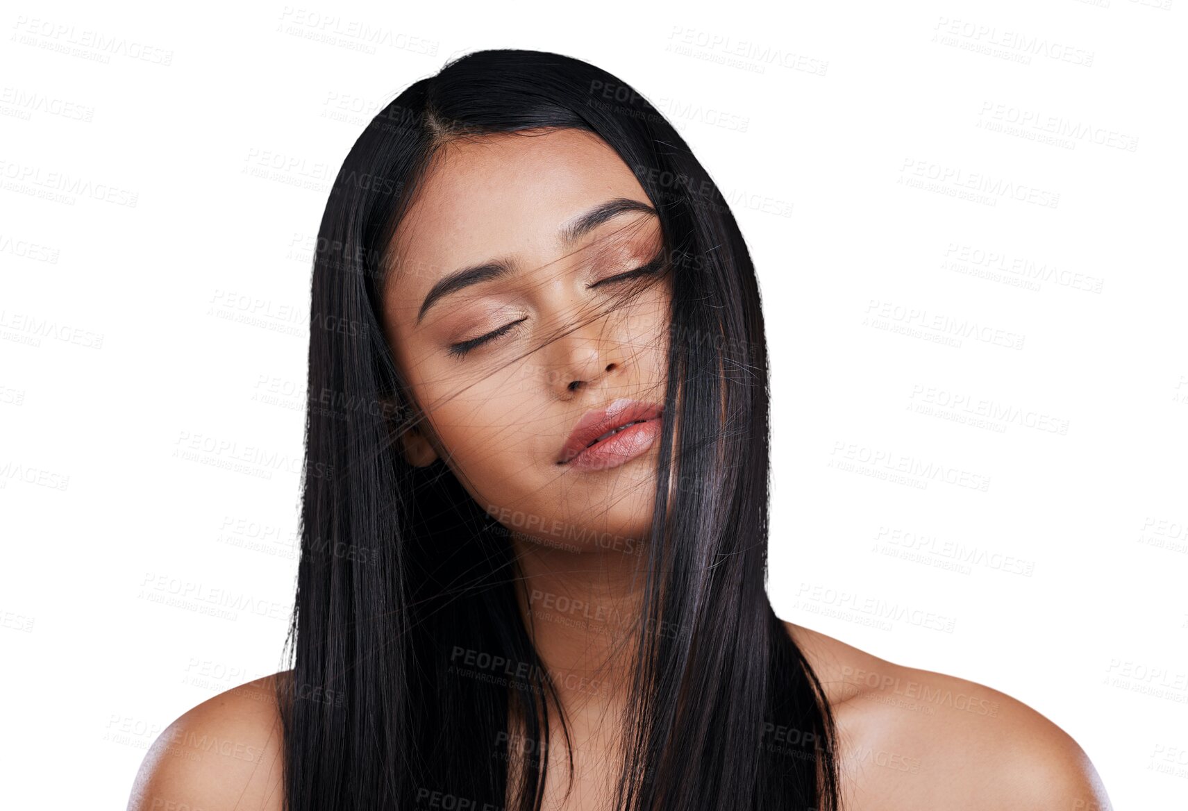 Buy stock photo Haircare, beauty and relax with woman with long hair, luxury and salon treatment isolated on a transparent background. Person, Brazil and model with style, texture and volume with png, shine and glow