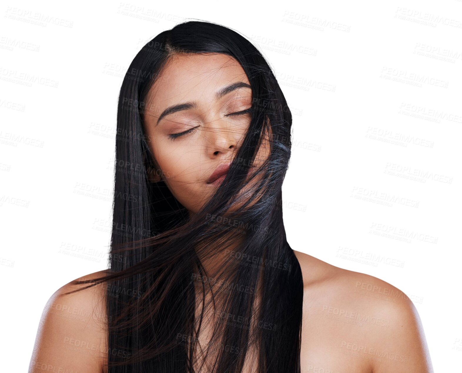 Buy stock photo Hair, cosmetics and relax with woman with long hairstyle, beauty and luxury isolated on transparent background. Person, Brazil and girl with salon treatment, texture or volume with png, glow or shine