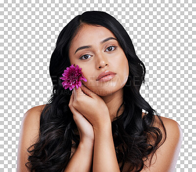 Buy stock photo Hair, flower and portrait of woman with beauty for luxury salon treatment on png or transparent background. Hairdresser, natural and isolated person with hairstyle for growth, healthy texture or glow