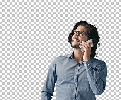 Buy stock photo Happy, thinking and man with a smartphone, phone call and communication isolated on transparent background. Person, model and guy with a cellphone, contact and connection with discussion, png or talk