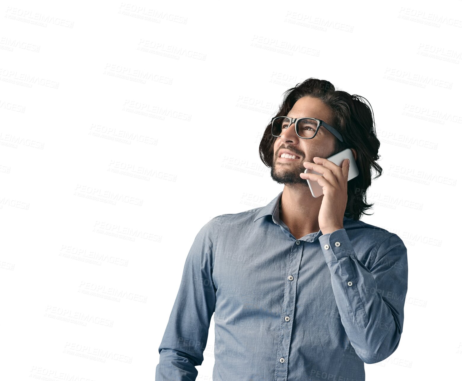 Buy stock photo Happy, thinking and man with a smartphone, phone call and communication isolated on transparent background. Person, model and guy with a cellphone, contact and connection with discussion, png or talk