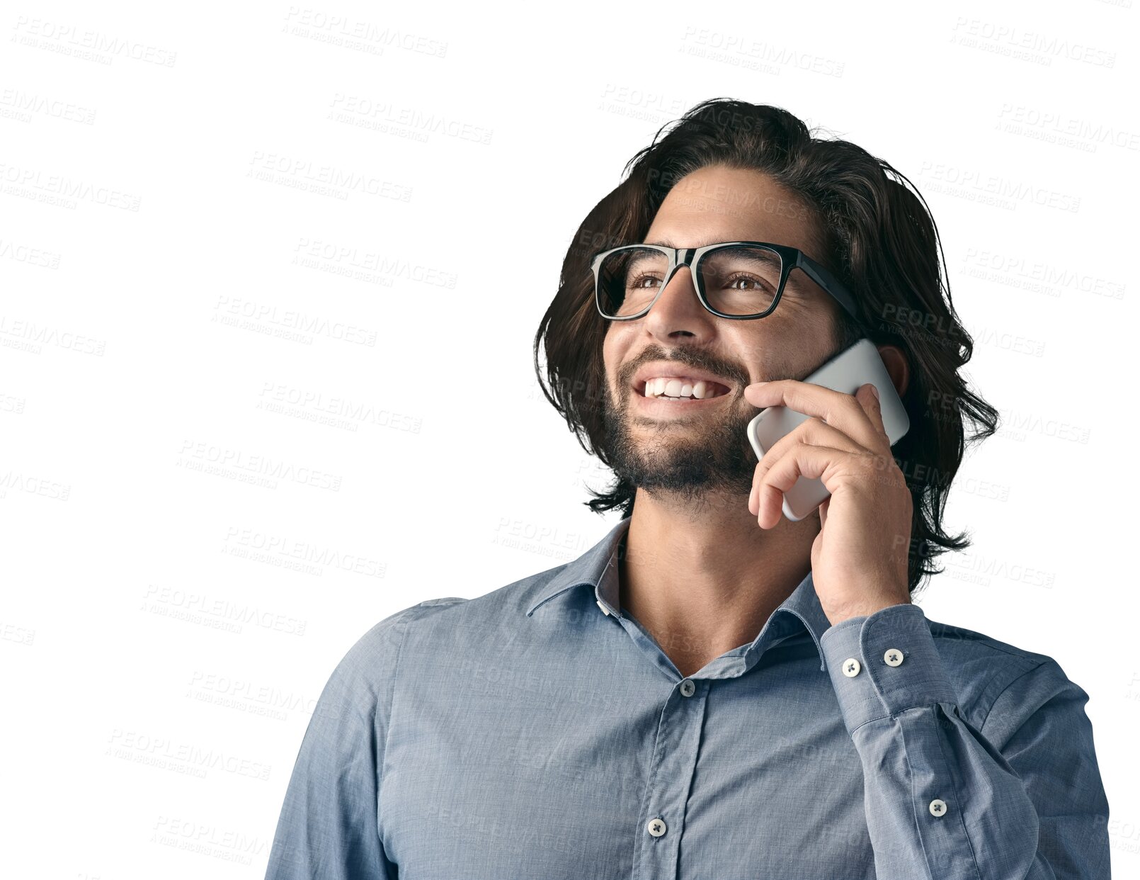 Buy stock photo Happy, thinking and man with a smile, phone call and communication isolated on transparent background. Person, happy model and guy with a smartphone, contact and connection with png and talking