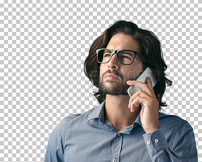 Buy stock photo Cellphone call, thinking and business man consulting, talking and plan professional ideas with investment contact. Phone discussion, problem solving and person isolated on transparent, png background