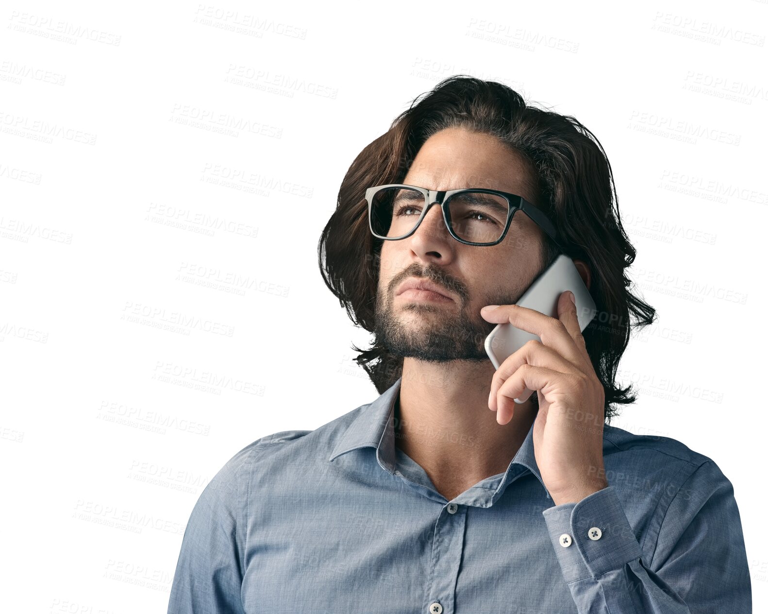 Buy stock photo Cellphone call, thinking and business man consulting, talking and plan professional ideas with investment contact. Phone discussion, problem solving and person isolated on transparent, png background