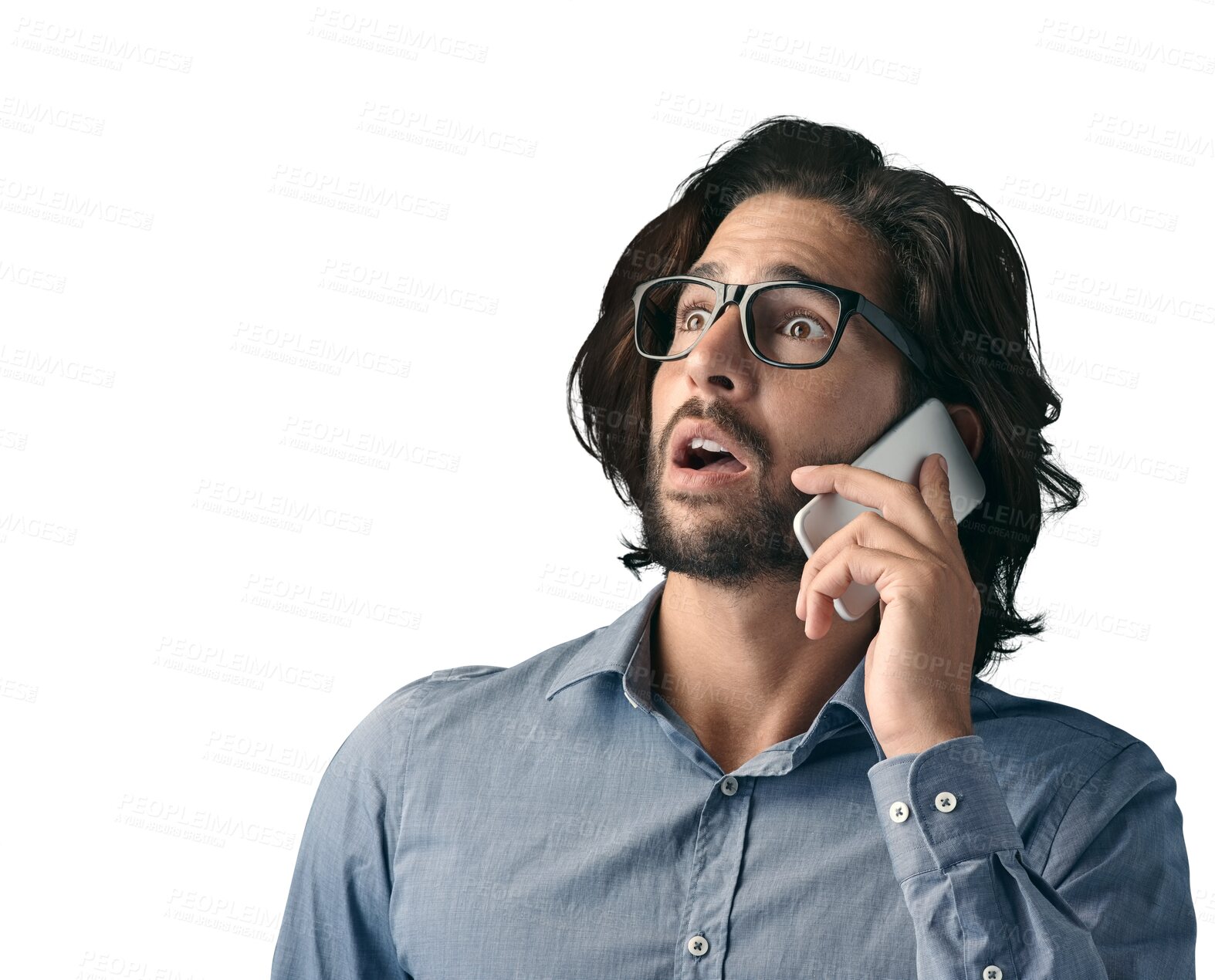 Buy stock photo Phone call, shock and face of man with business, stress or wow news on isolated, transparent or png background. Smartphone, conversation or male entrepreneur panic for phishing, scam or hacker threat