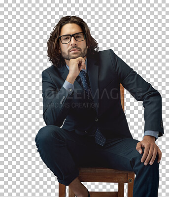 Buy stock photo business,s fashion and portrait of man in a suit on isolated, transparent and png background. Professional, clothing and male entrepreneur posing on a chair with confidence, glasses and formal outfit