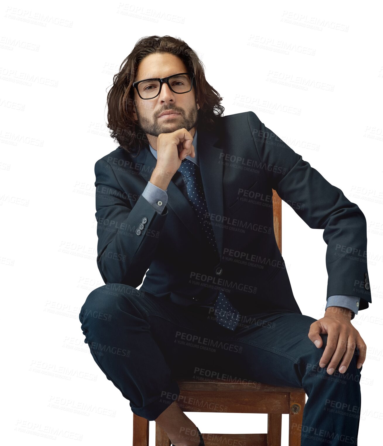 Buy stock photo business,s fashion and portrait of man in a suit on isolated, transparent and png background. Professional, clothing and male entrepreneur posing on a chair with confidence, glasses and formal outfit