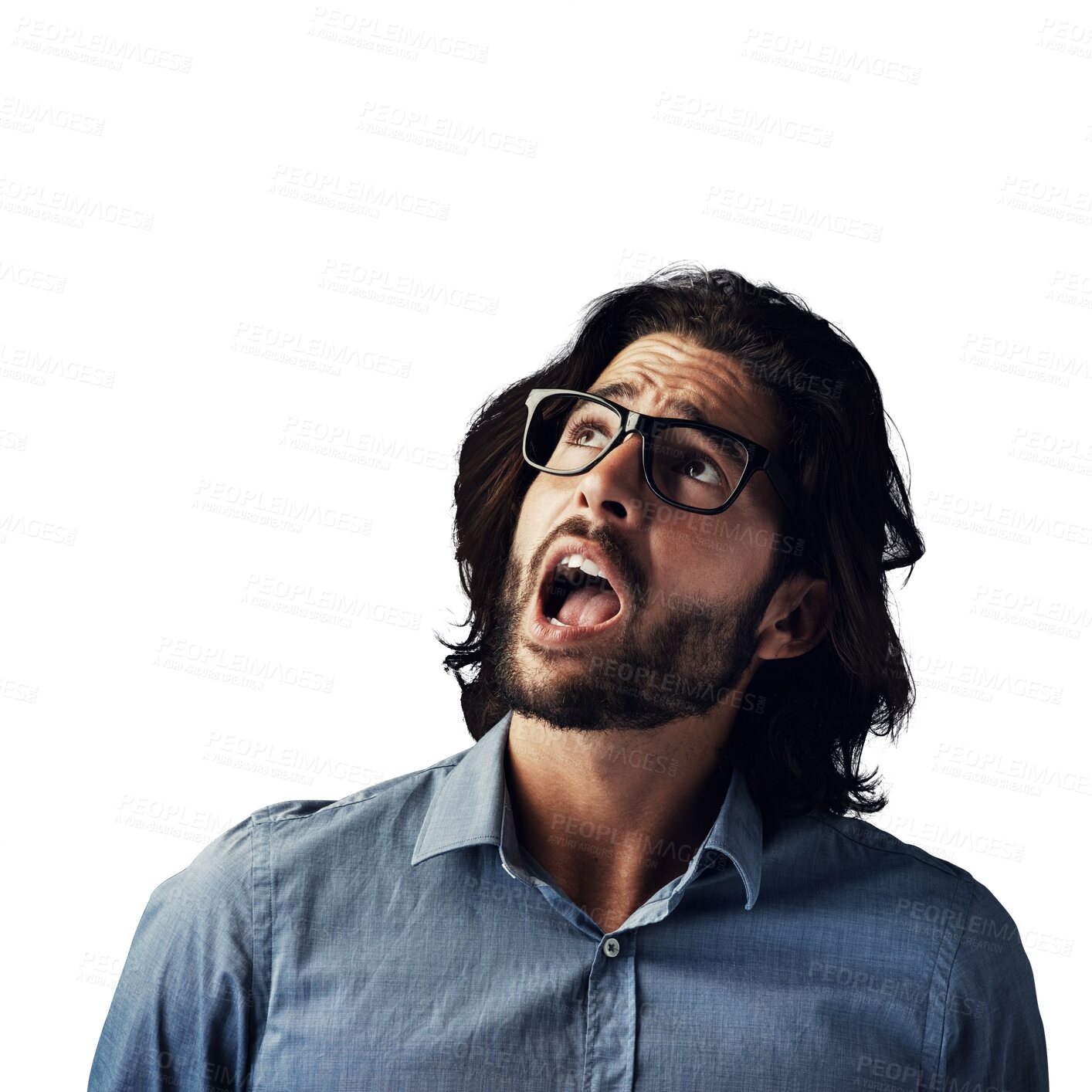 Buy stock photo Wow, face and man looking up at surprise announcement on isolated, transparent or png background. Omg, emoji and model with glasses for unexpected news, information or overwhelmed by secret gossip