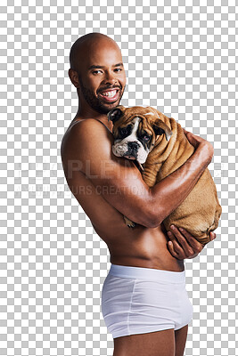 Buy stock photo Happy, dog and portrait of man in underwear on isolated, png and transparent background with smile. Best friend, pet and person with muscles holding bulldog for friendship, animal care and adoption