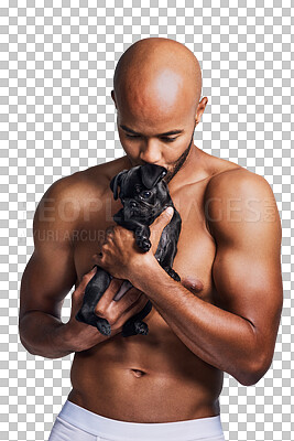 Buy stock photo Kiss, dog and man with pet in underwear on isolated, png and transparent background with smile. Best friend, love and happy strong person holding pug puppy for friendship, animal care and adoption