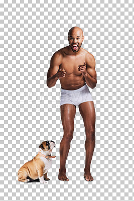 Buy stock photo Excited, pointing and portrait of man with dog on isolated, png and transparent background. Happy, pet and person in underwear with hand gesture and bulldog for friendship, animal care and adoption