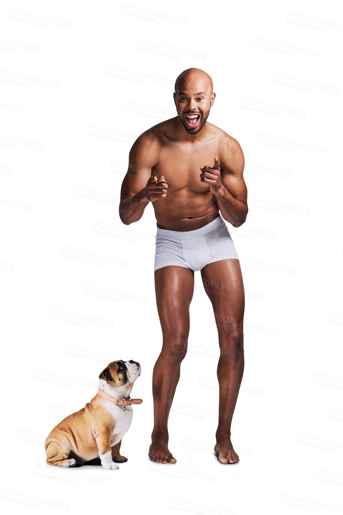 Buy stock photo Excited, pointing and portrait of man with dog on isolated, png and transparent background. Happy, pet and person in underwear with hand gesture and bulldog for friendship, animal care and adoption