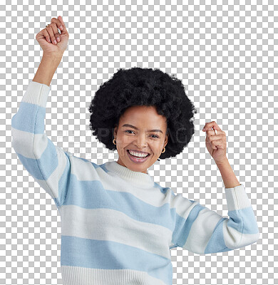 Buy stock photo Happy black woman, portrait and dancing for fun, deal or celebrate winning bonus. Excited model, music and winner cheers of celebration or achievement isolated on a transparent, png background