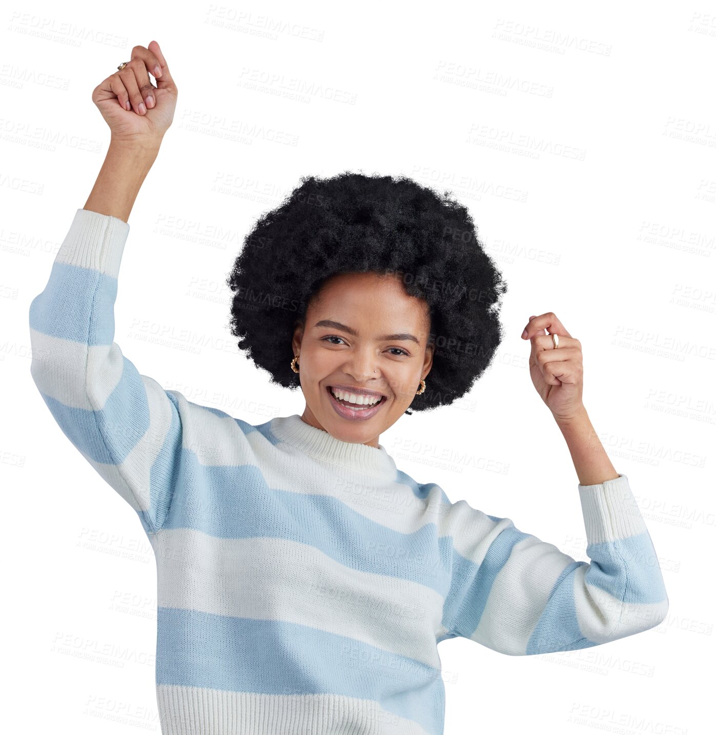 Buy stock photo Happy black woman, portrait and dancing for fun, deal or celebrate winning bonus. Excited model, music and winner cheers of celebration or achievement isolated on a transparent, png background