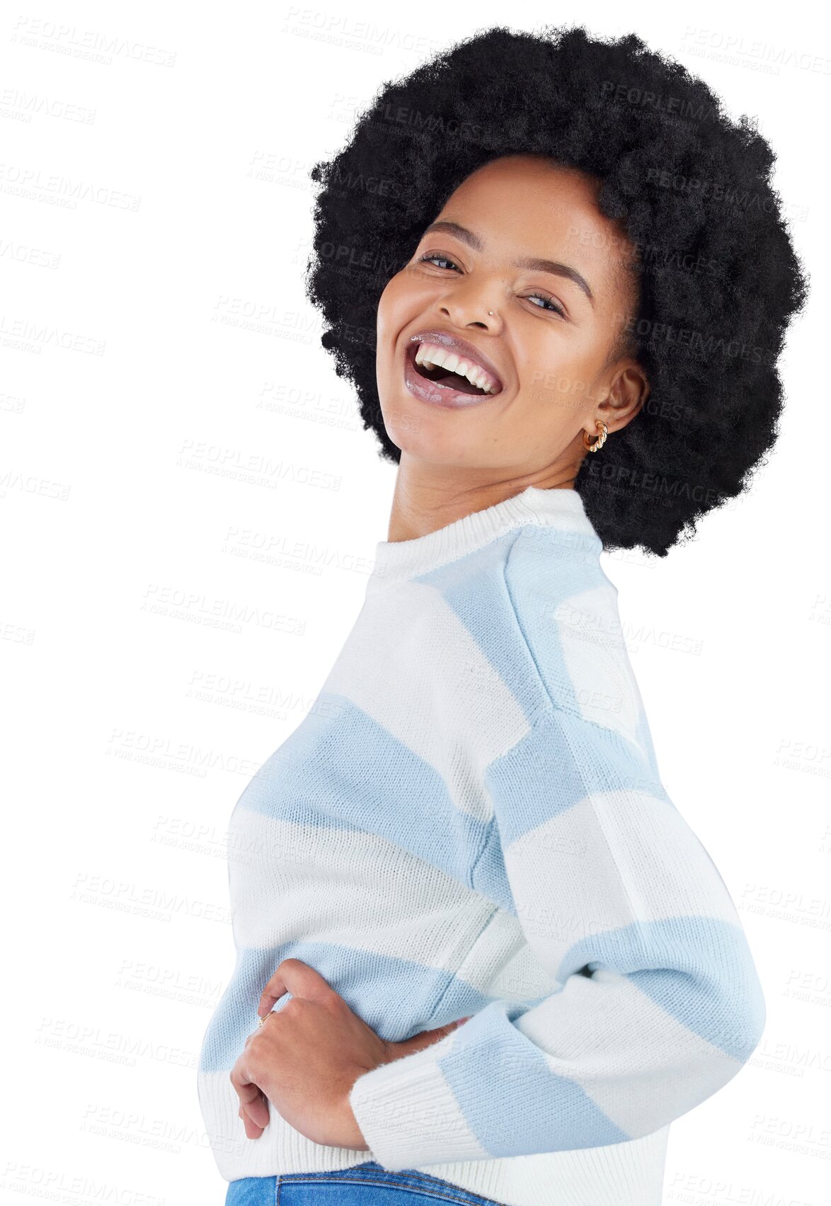 Buy stock photo Portrait, fashion and profile of happy black woman on isolated, transparent or png background. Fashionable, outfit and face of African female model smile with clothing, pose and casual comfy style