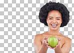 Apple, black woman and portrait with health, diet and natural sk