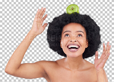 Apple balance, black woman and health with diet and natural skin