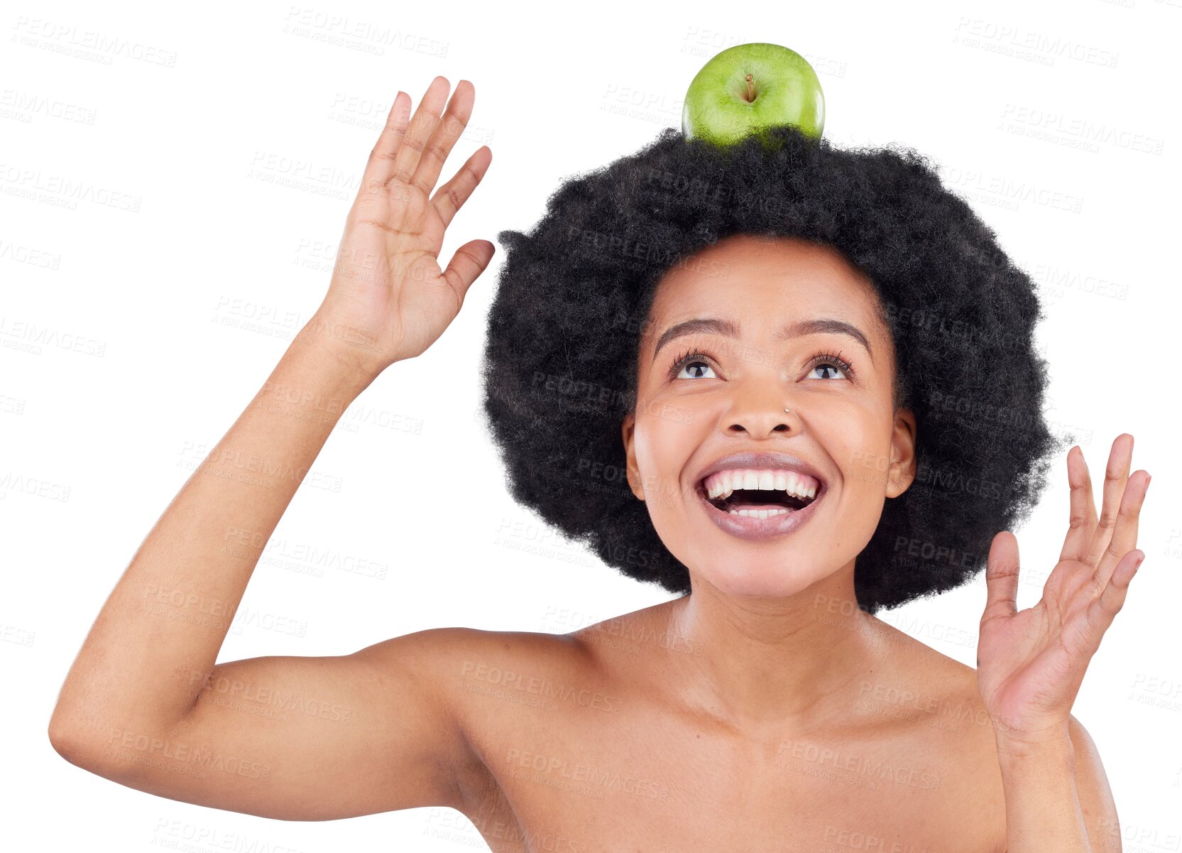 Buy stock photo Apple, beauty and diet food of black woman with natural skincare isolated on transparent, png background. Health, excited and dermatology of female person with fruit balance for nutrition and health