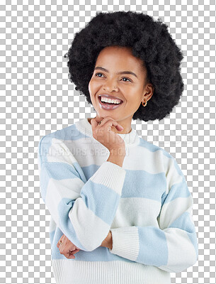 Buy stock photo Thinking, idea and happy black woman with solution on isolated, transparent or png background. Planning, face and African model with insight emoji for questions, problem solving or brainstorming