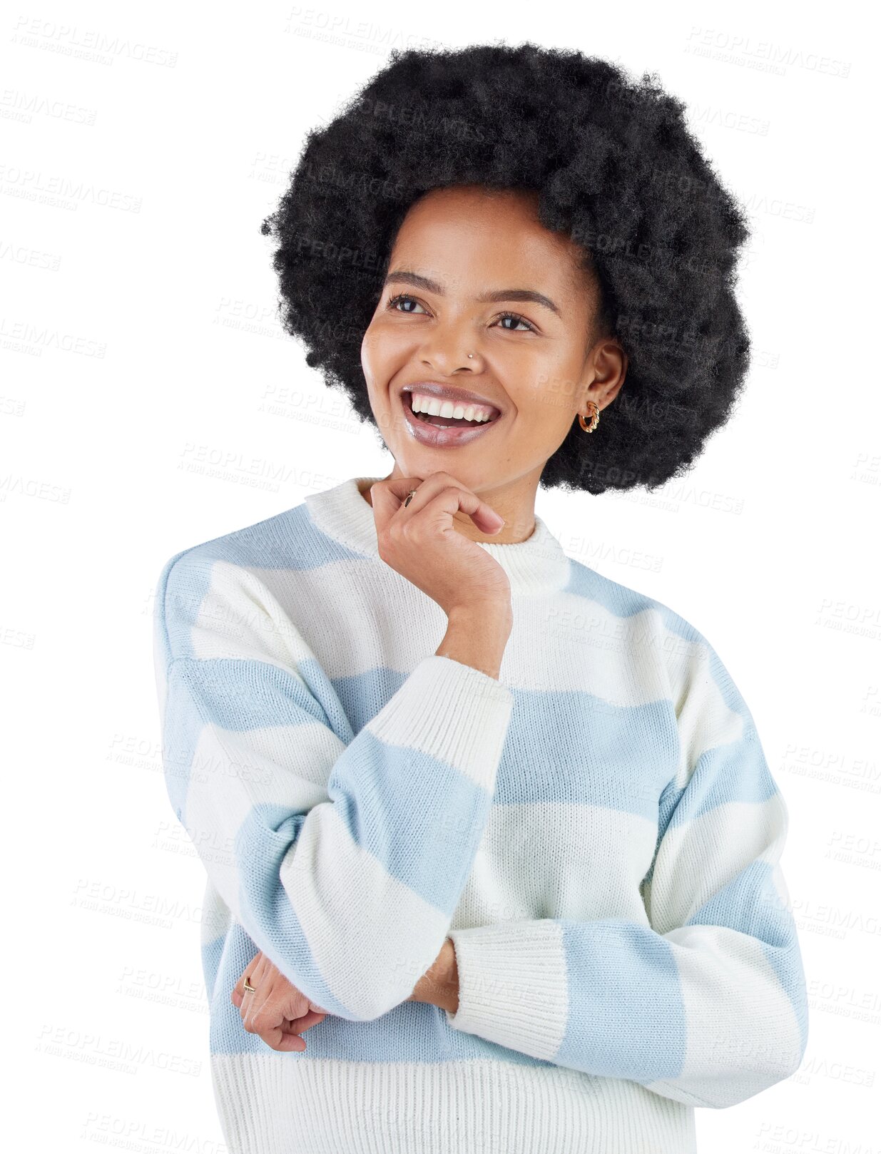 Buy stock photo Thinking, idea and happy black woman with solution on isolated, transparent or png background. Planning, face and African model with insight emoji for questions, problem solving or brainstorming