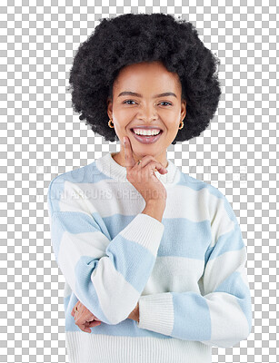 Buy stock photo Thinking, portrait and happy black woman with solution on isolated, transparent or png background. Planning, face and African model with insight emoji for questions, problem solving or brainstorming