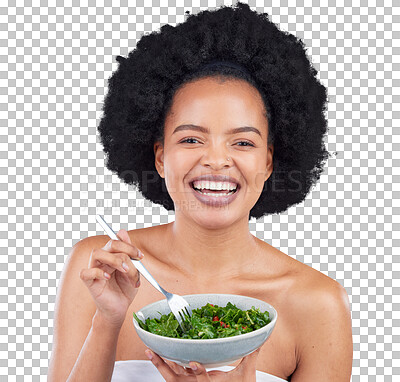 Health, portrait and black woman with a salad in studio for diet