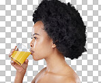 Woman, glass and orange juice in studio for beauty of vitamin c