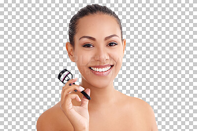 Buy stock photo Happy, woman and makeup portrait with eyelash curler with skincare cosmetics and skin glow. Smile, female person and dermatology care with beauty tool isolated on a transparent, png background