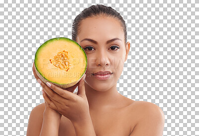 Buy stock photo Melon, beauty and portrait of woman for skincare or wellness on isolated, png and transparent background. Dermatology, salon and face of person with fruit for natural, organic and cosmetics product