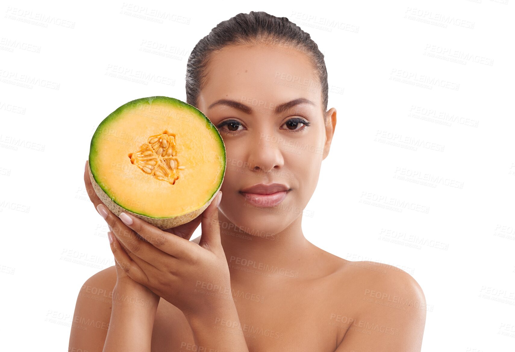 Buy stock photo Melon, beauty and portrait of woman for skincare or wellness on isolated, png and transparent background. Dermatology, salon and face of person with fruit for natural, organic and cosmetics product