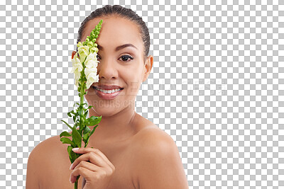 Buy stock photo Woman, flower plant and portrait with natural beauty, leaf and eco friendly skincare with dermatology. Makeup, cosmetics and floral facial with a person relax isolated on  transparent, png background