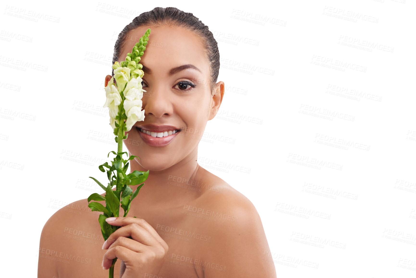 Buy stock photo Woman, flower plant and portrait with natural beauty, leaf and eco friendly skincare with dermatology. Makeup, cosmetics and floral facial with a person relax isolated on  transparent, png background