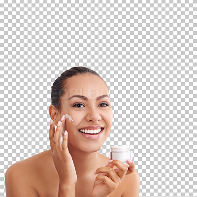 Buy stock photo Facial, face cream and woman with beauty, cosmetics and skin glow from dermatology of a happy model. Skincare, smile and lotion product of female person isolated on a transparent, png background