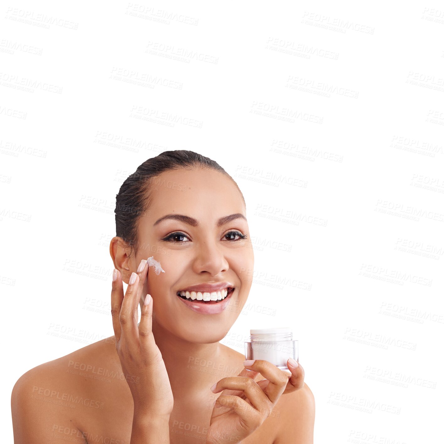 Buy stock photo Facial, face cream and woman with beauty, cosmetics and skin glow from dermatology of a happy model. Skincare, smile and lotion product of female person isolated on a transparent, png background