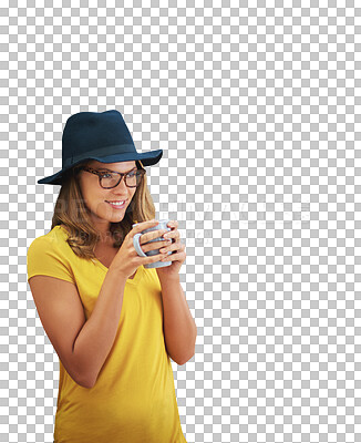 Buy stock photo Woman, thinking and coffee with fashion and modern style with mug and hot drink with smile. Happy, female person and tea mug or latte with hipster clothes isolated on a transparent, png background