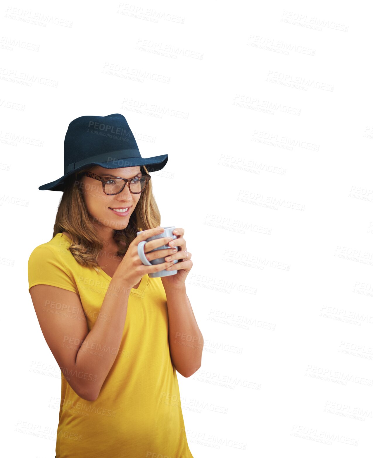 Buy stock photo Woman, thinking and coffee with fashion and modern style with mug and hot drink with smile. Happy, female person and tea mug or latte with hipster clothes isolated on a transparent, png background