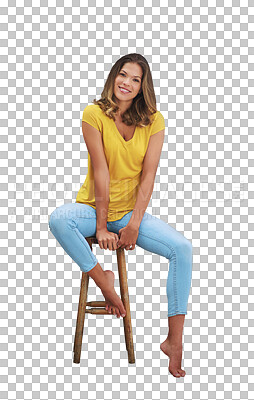 Buy stock photo Happy woman, confidence and fashion portrait with smile and sitting on chair on a break. Casual clothes, calm and female person from France on a stool isolated on a transparent, png background