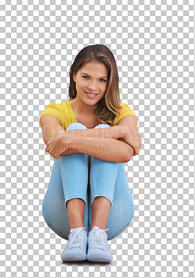 Buy stock photo Happy woman, relax and fashion clothing portrait with smile and sitting on ground on a break. Casual clothes, calm and female person from France on floor isolated on a transparent, png background