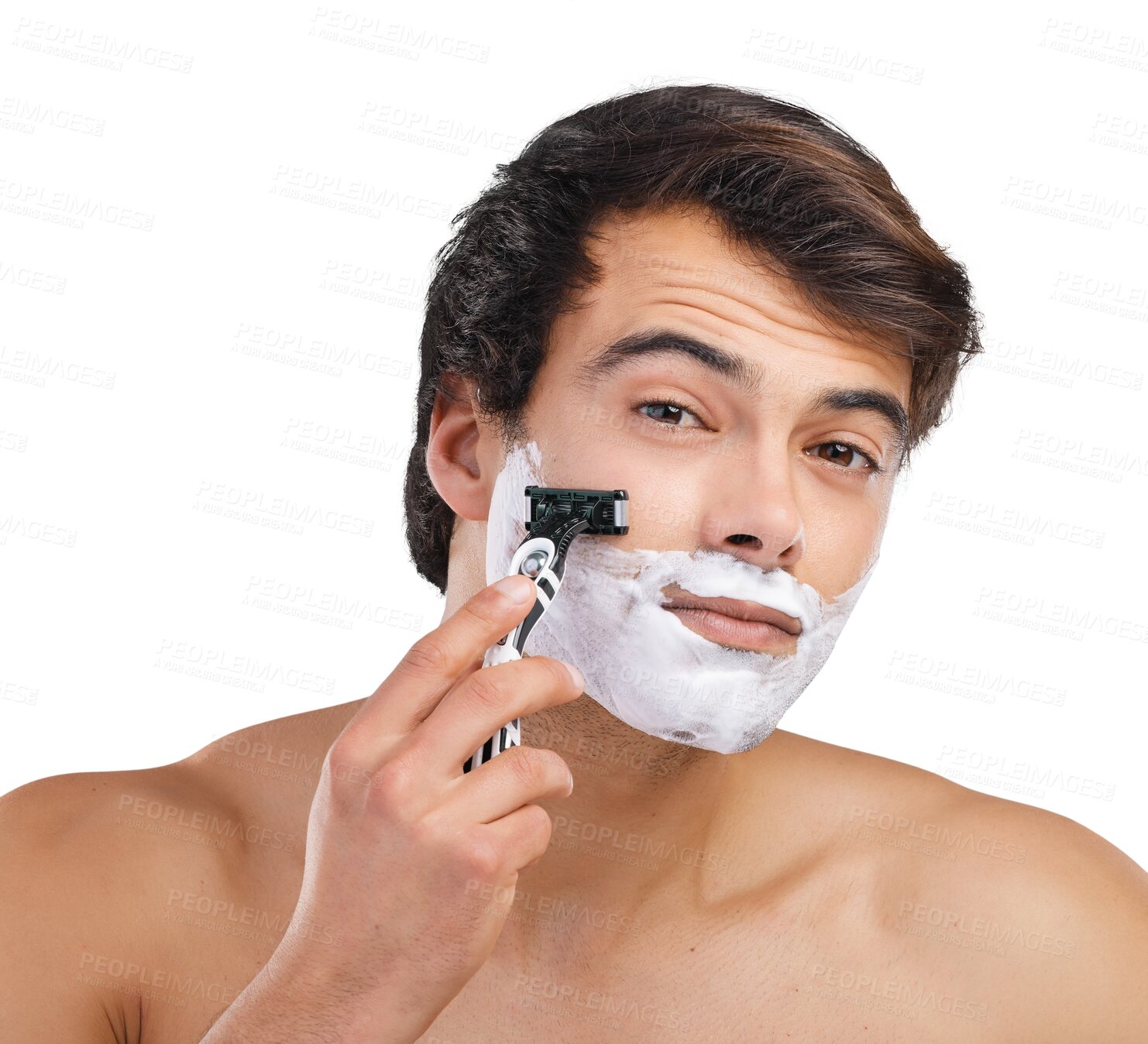 Buy stock photo Shaving, razor and portrait of man for health, wellness and skincare on png and transparent background. Beauty, beard and isolated person with face foam for grooming, hygiene and facial hair removal